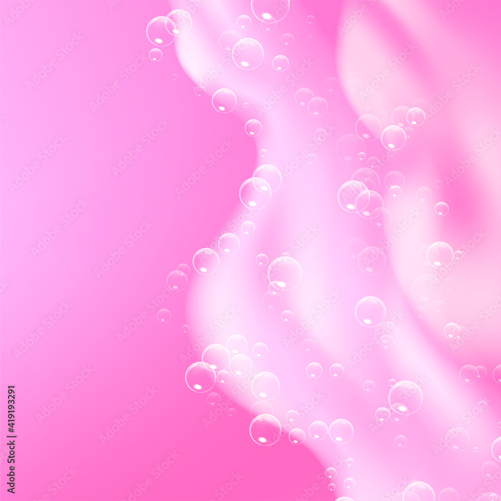 Beautiful light background with Bath pink foam and empty place for your text. Shampoo bubbles texture. Sparkling pink shampoo and bath lather. Vector realistic illustration.