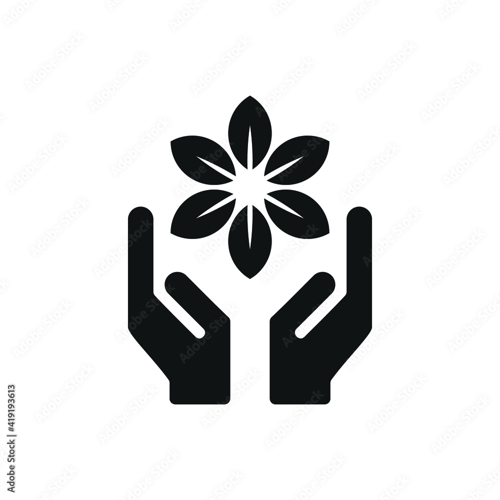 Obraz premium Hands with flower leaf design illustration. Save the world eco friendly icon vector. Medicine product symbol