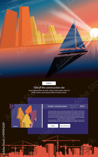 A sailing yacht at sunset sails along the city embankment