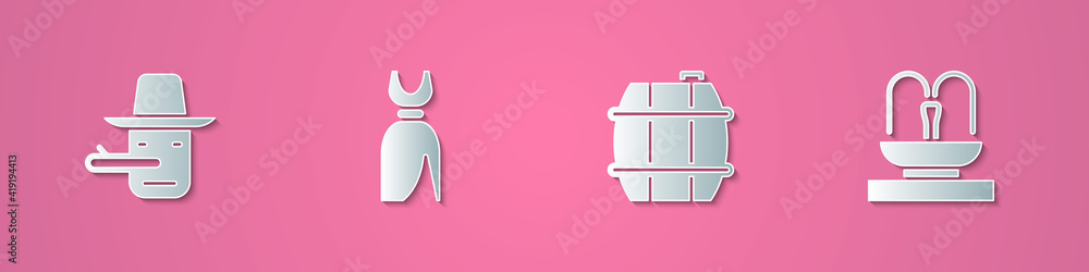 Set paper cut Pinocchio, Woman dress, Barrel for wine and Fountain icon. Paper art style. Vector. Set paper cut Pinocchio, Woman dress, Barrel for wine and Fountain icon. Paper art style. Vector.