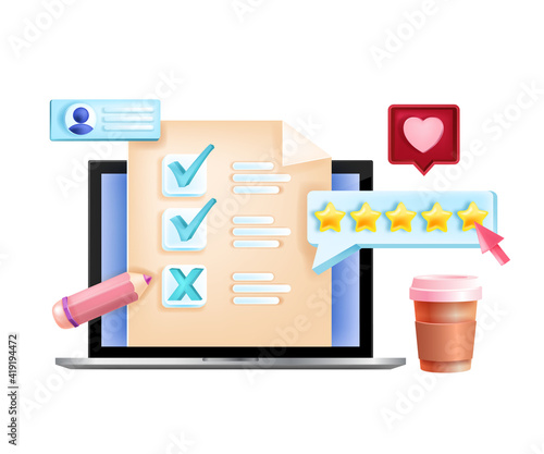 Online vector survey, internet feedback, digital questionnaire form concept, laptop screen, stars. Web research quality application, marketing quiz. Social media online survey isolated illustration