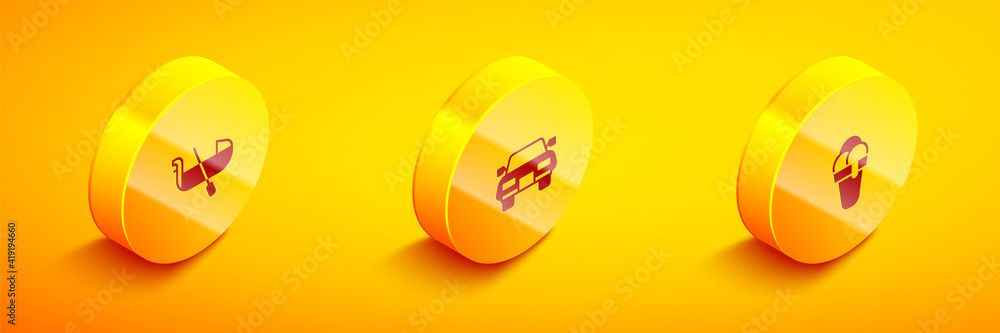 Set Isometric Gondola, Car and Ice cream icon. Vector. Set Isometric Gondola, Car and Ice cream icon. Vector.