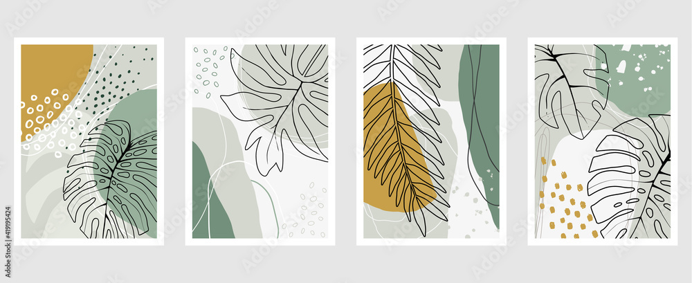 Εκτύπωση καμβά Set of vector hand drawn artistic summer postcards with tropical palm leaves, organic shapes and textures