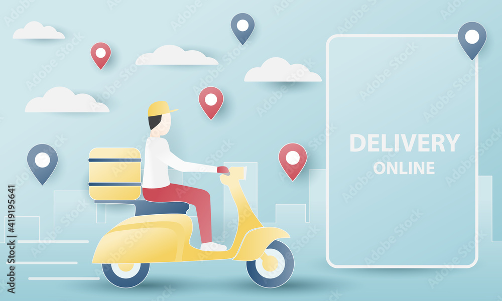online delivery service tracking concept. a delivery man by scooter vector illustration banner background. paper art