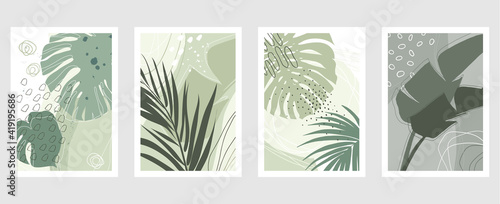 Set of vector hand drawn artistic summer postcards with tropical palm leaves, organic shapes and textures.