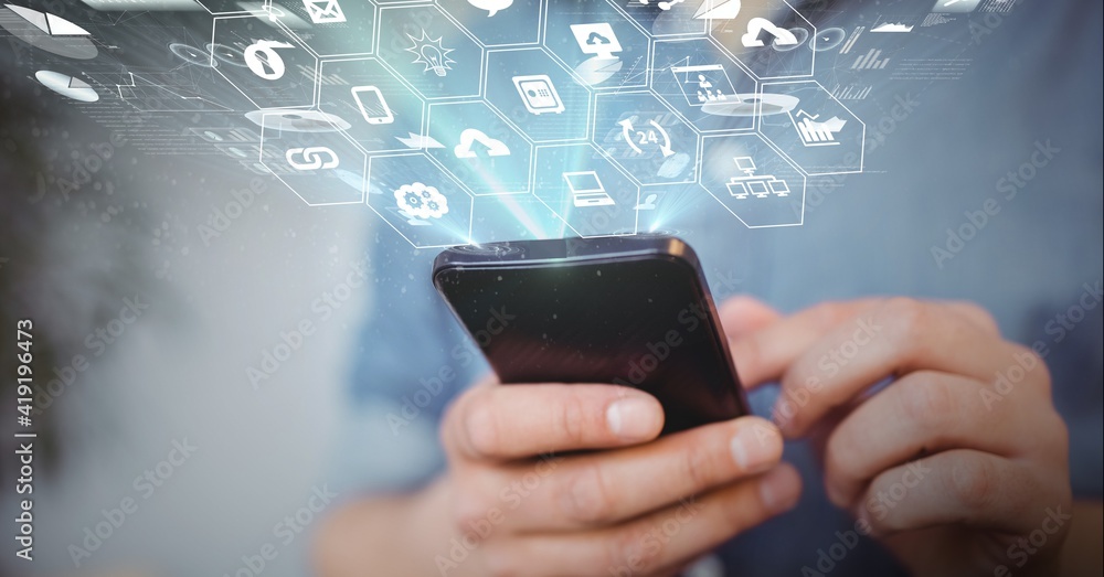 Digital interface with digital icons over mid section of man using smartphone Digital interface with digital icons over mid section of man using smartphone