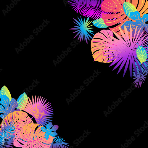 Tropical leaves neon color black. Ferns, fitter, fan palm. Bright pink, turquoise, blue, purple colors. Frame for text. Greeting card