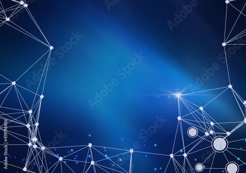 Network of connections and spots of light against blue background
