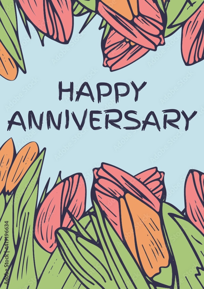 Happy anniversary text with illustration of flowers on blue background