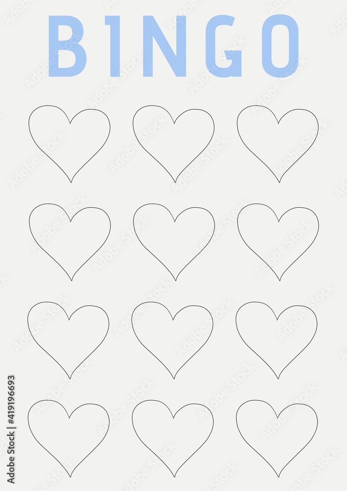 Bingo text with illustration of rows of hearts on white background