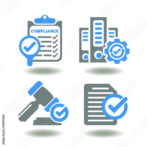 Compliance Regulations Standards Law Policies Rules Symbol. Checklist with magnifier and check mark, binder folders with gear and check, gavel with check, document paper with tick vector icon set.