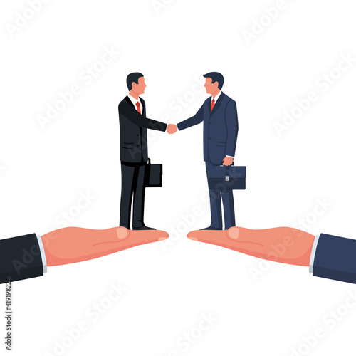 Partnership concept. Business meeting. Two businessmen in suits with briefcase shake hand. Handshake symbol successfu deal. Vector illustration flat design isolated on background. Professional people.