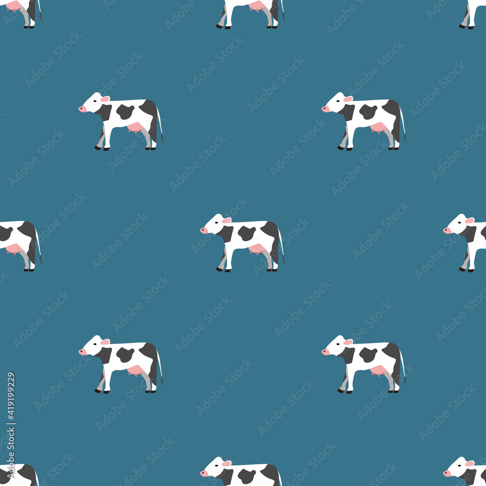 Seamless vector pattern with white cows on a green background. Background for textiles, covers, screensavers, children is bed linen.