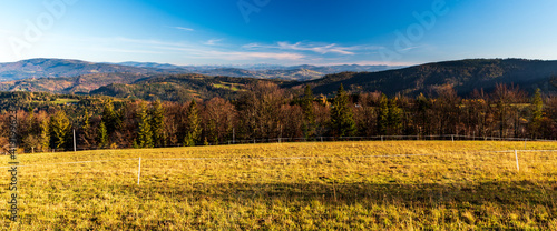 View from Ceslar hill in autumn Slezske Beskydy mountains on czech - polish borsrs