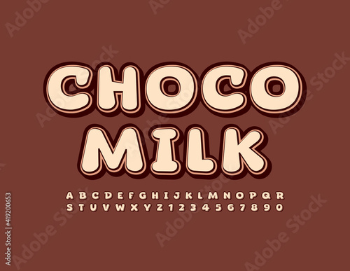 Vector tasty emblem Choco Milk. Creative brown Font. Trendy style Alphabet Letters and Numbers set