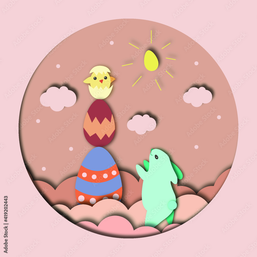 Easter illustration. Paper cut effect card. Cute Easter bunny Minty found a real chicken among the chocolate eggs. Easter illustration. Paper cut effect card. Cute Easter bunny Minty found a real chicken among the chocolate eggs.