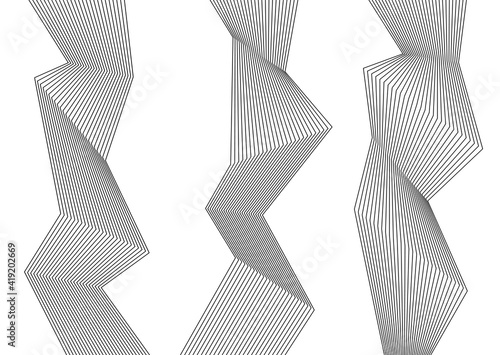 Design elements. Curved sharp corners wave many lines. Abstract vertical broken stripes on white background isolated. Creative line art. Vector illustration EPS 10. Color line created using Blend Tool