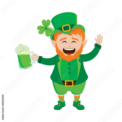 Cheerful leprechaun with mug of green beer icon vector. Happy St. Patrick's Day icon. Laughing cute leprechaun with beer icon isolated on a white background