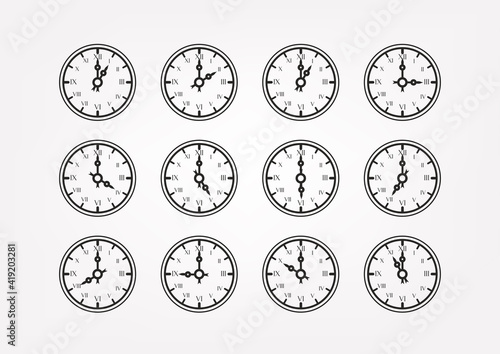 Retro style clock vector silhouettes with different arrows position