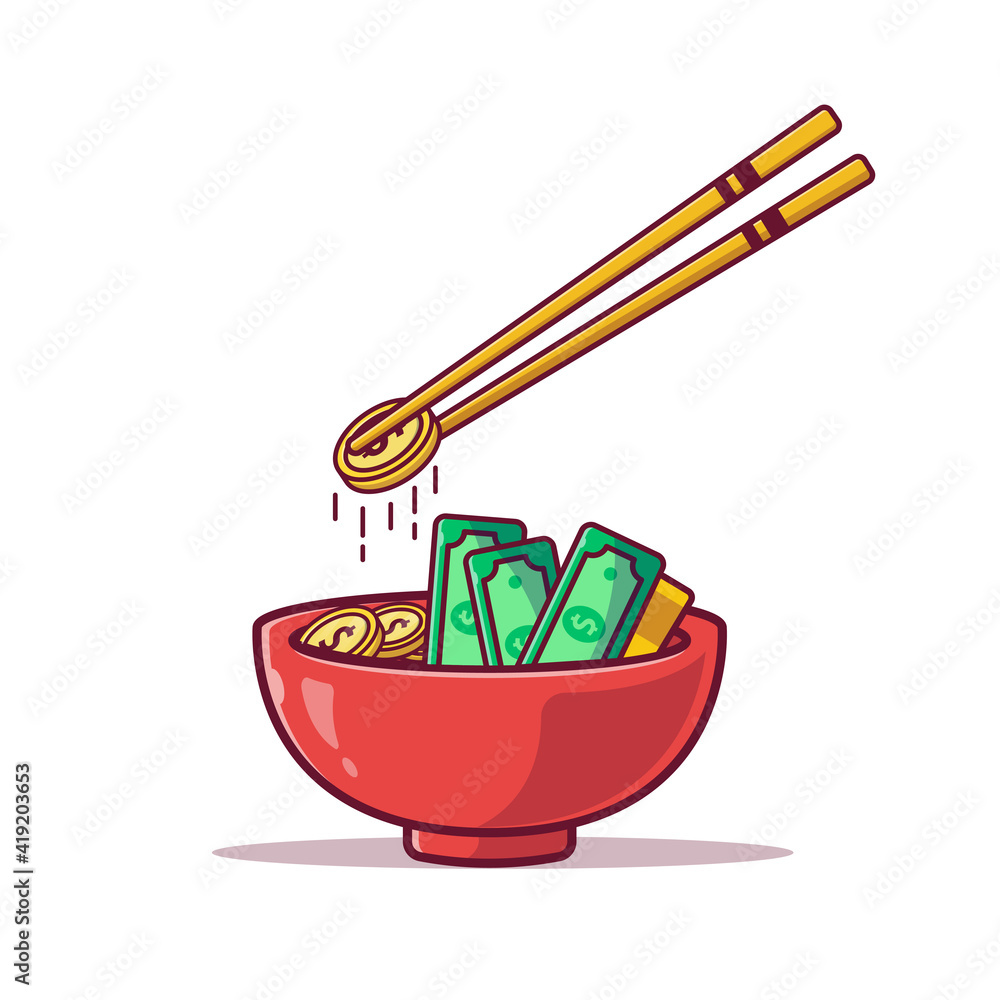 business concept. money and dollar coin in a bowl with chopsticks cartoon icon illustration flat style on white background for web, landing page, ads, advertisement, sticker, banner, flyer business concept. money and dollar coin in a bowl with chopsticks cartoon icon illustration flat style on white background for web, landing page, ads, advertisement, sticker, banner, flyer