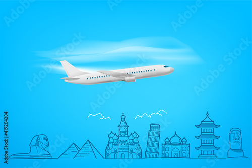 Flying airplane with doodling style famous sights. Vacation concept