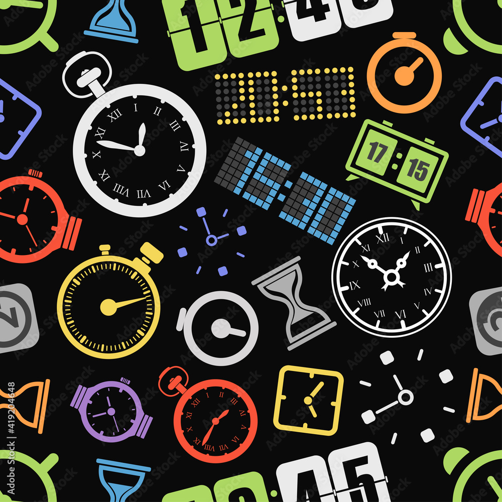 Different style clock vector silhouettes seamless background Different style clock vector silhouettes seamless background