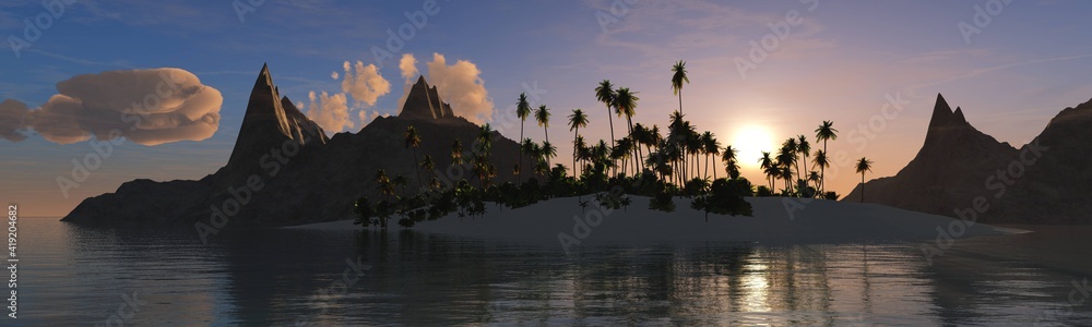 Beautiful sunset over a tropical island with palm trees and a cliff ,, 3d rendering