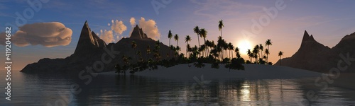 Beautiful sunset over a tropical island with palm trees and a cliff    3d rendering