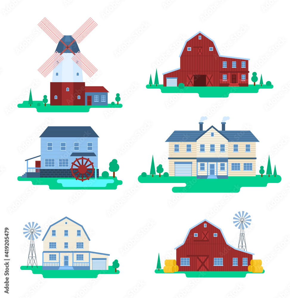 Cartoon Color Farm Buildings Icon Set. Vector