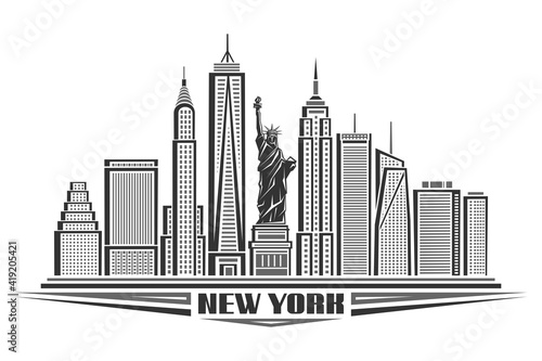 Vector illustration of New York City  black and white poster with symbol of NYC - Statue of Liberty and outline modern city scape  urban contemporary concept with decorative font for words new york.