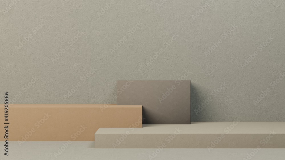 Minimal abstract podium mock up design for product presentation background or branding concept with grey, green, brown, pastel cube boxes, elegant calm leather, 3D render, 3D illustration, Rendering. Minimal abstract podium mock up design for product presentation background or branding concept with grey, green, brown, pastel cube boxes, elegant calm leather, 3D render, 3D illustration, Rendering.