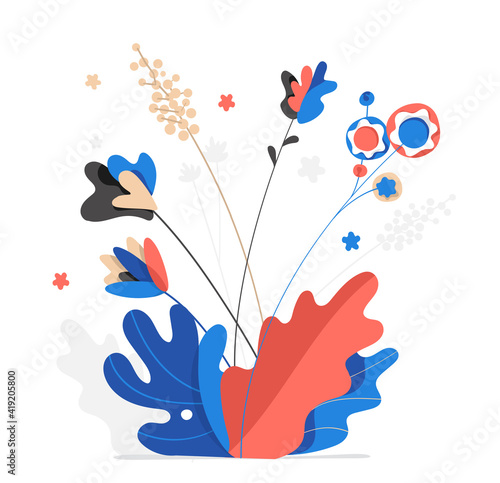 Elementi decorativi, floreali di piante, foglie, fiori