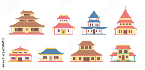 Cartoon Color China House Object Icon Set. Vector