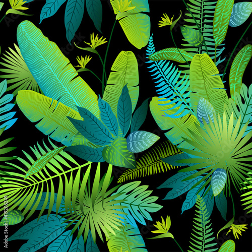 Fototapeta Naklejka Na Ścianę i Meble -  Pattern vector green neon tropical leaves of palm, monstera, fern. Plants on a black background.