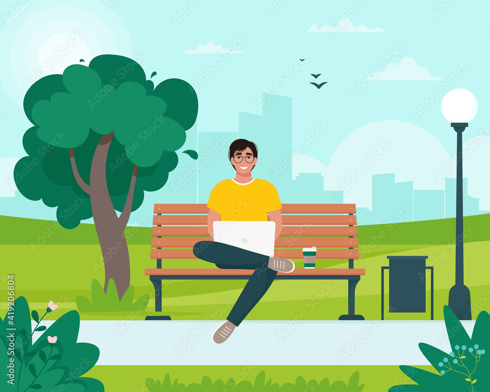 Freelancer man sitting on a bench with a laptop in the park. Spring or summer city landscape. Vector illustration in flat style Freelancer man sitting on a bench with a laptop in the park. Spring or summer city landscape. Vector illustration in flat style