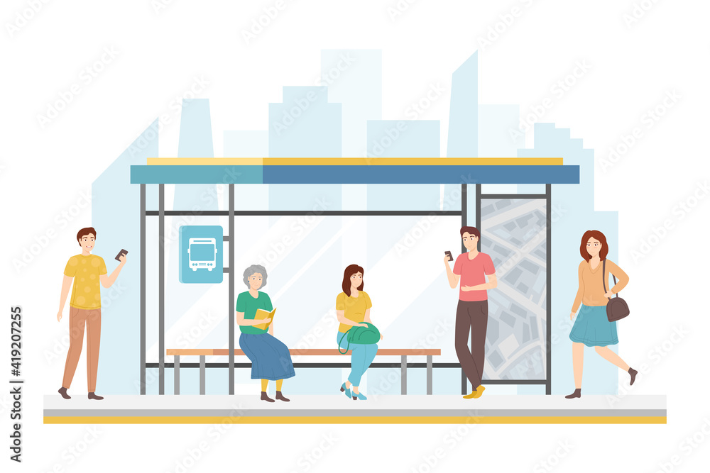 Cartoon Color Characters People and Bus Station Concept. Vector