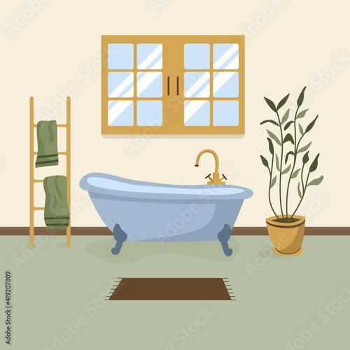 Bathroom with furniture vector illustration. Bathroom interior with big window in flat