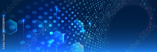 Hi-tech computer digital technology concept. Abstract technology communication vector illustration. Wide Blue background with various technological elements.