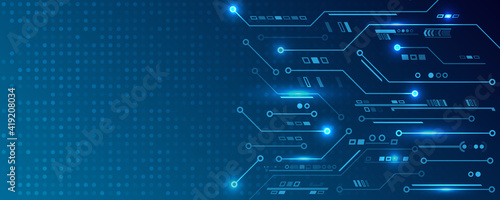 Hi-tech computer digital technology concept. Abstract technology communication vector illustration. Wide Blue background with various technological elements.