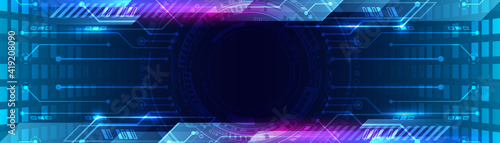 Hi-tech computer concept. Futuristic illustration of colorful light rays. Technology stripe glowing lines. Digital communication. Speed and motion blur over dark  background. Web banner