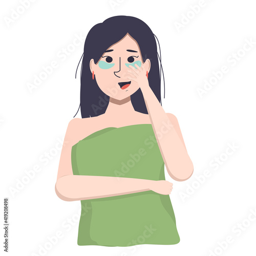 vector illustration of a young Asian woman with cosmetic patches under her eyes, wrapped in a towel after a shower. The concept of self-care