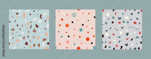 A set of seamless patterns from pieces of shapes. Vector illustration. Print for ceramics and plastic. -01