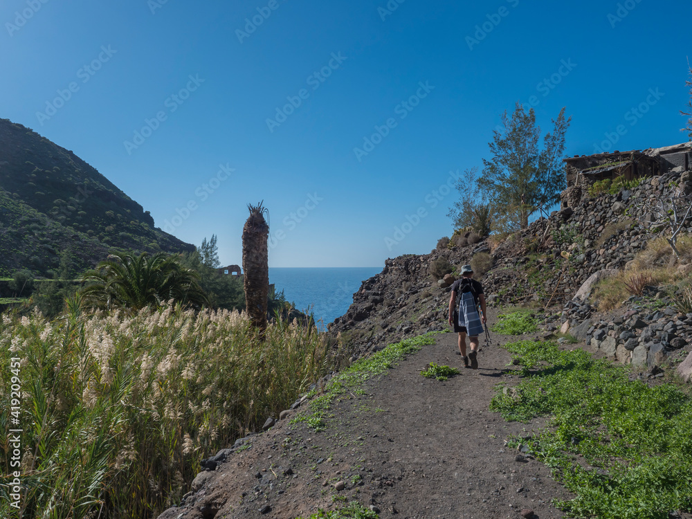Man hiker at footpath of hiking trail Tasartico to Playa GuiGui beach, Barranco de Guigui Grande ravine with cacti, succulents and sea. West of Gran Canaria, Canary Islands, Spain