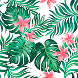 Tropical summer pattern with exotic flower and palm leaves. Seamless vector illustration. Floral print.