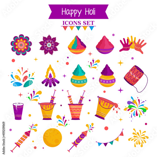 Happy holi celebration colorful icons or doodle set on white background. Banner, header,poster design etc.