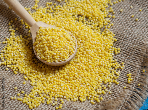 Millet. Millet in a wooden spoon and bowl on a wooden kitchen table photo