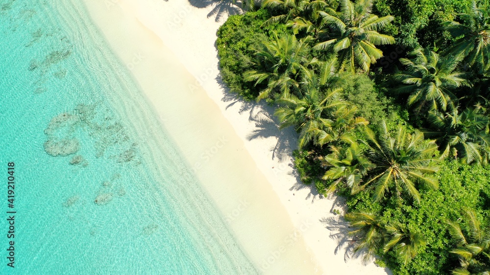 Bird's eye view of tropical islands in the ocean. View of the islands from a drone. Maldives, Thinadhoo (Vaavu Atoll), Dhigurah