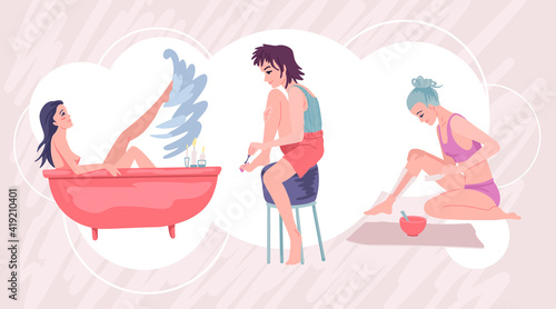 Feet care  bath and pedicure  beauty treatment at home  self-care  women s routine. Vector illustration