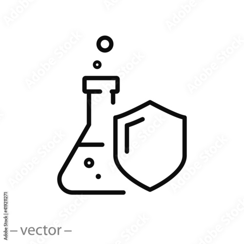 proof chemical resistant icon, flask with shield, protection against chemistry, safety laboratory experiment, toxic defense, linear sign isolated on white background - editable vector illustration