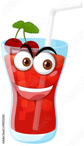 A glass of cherry juice with face expression on white background